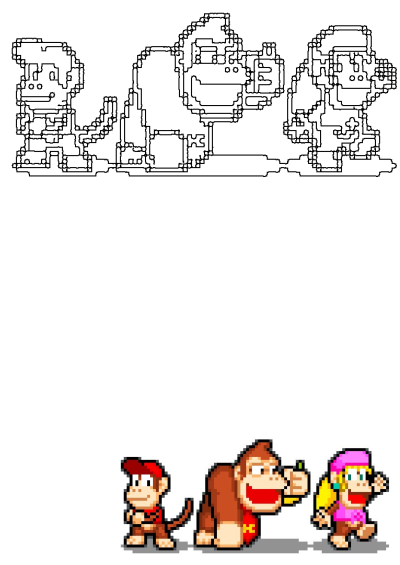 Pixel art of Donkey Kong, Diddy Kong, and Dixie Kong. This showcases retro-style graphics from the classic Nintendo game series.