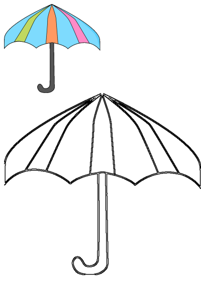 Open umbrella with multicolored stripes (green, orange, pink, blue) on the top and bottom, isolated against a white background. A simple drawing.