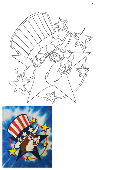 A patriotic beaver mascot wearing an Uncle Sam hat, surrounded by stars, on a vibrant blue tie-dye background.