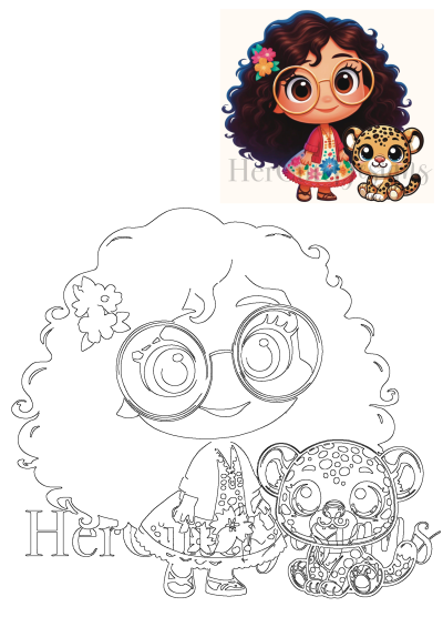 Cartoon of a girl with glasses and a cute leopard cub. Girl with curly hair, flowers, wearing a dress with floral patterns and a cardigan.