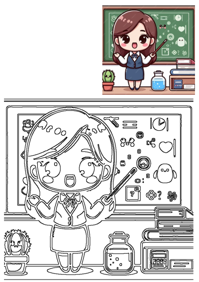 A cute cartoon girl standing in front of a blackboard with a pointer, books, and a cactus, representing a teacher in an educational setting.