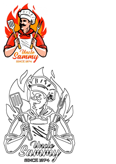 Logo of Uncle Sammy since 1974, a man with an apron and spatula, also holding a cooking fork, against a fiery background with flames.