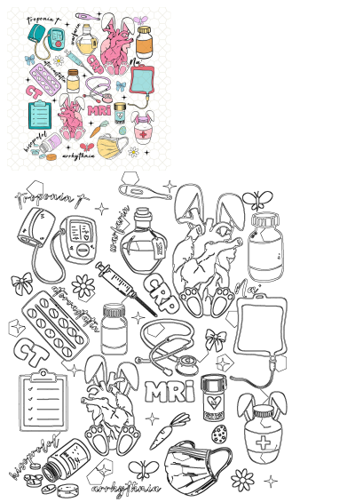 Medical items artfully arranged in a circle, featuring medications, diagnostic tools, and anatomical representations in a playful style.