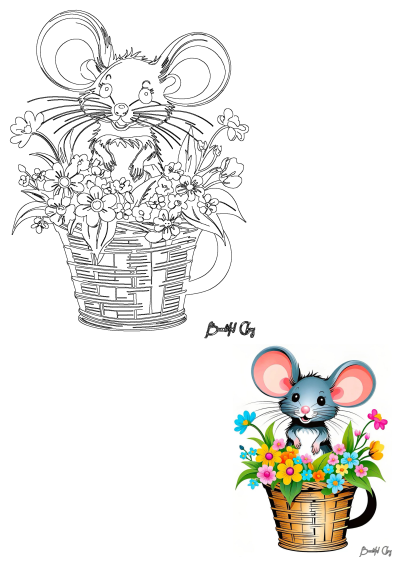 Cartoon mouse sitting in a flower-filled basket, smiling at the camera. Cheerful, cute, and vibrant illustration. Perfect for spring!