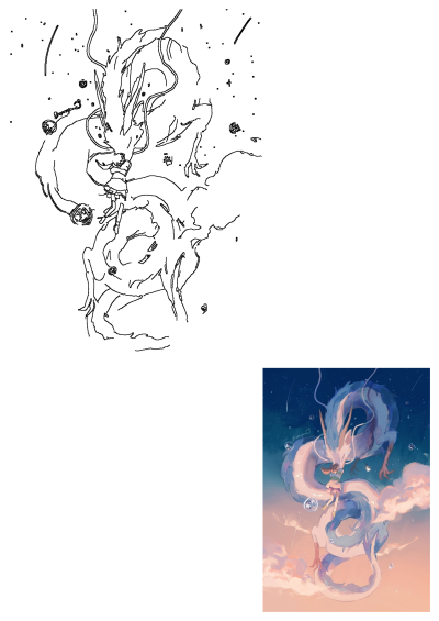 Fan art of Spirited Away featuring Chihiro riding Haku in his dragon form, set against a dreamy sky with bubbles and stars.