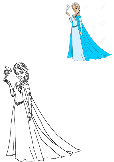Cartoon image of Frozen princess Elsa in a flowing blue dress, she conjures snowflakes with her hand. Perfect for Frozen fans!