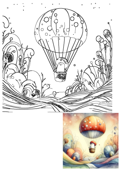 Watercolor painting of a mushroom riding in a hot air balloon. A whimsical landscape with colorful hills and floating mushroom in the sky.