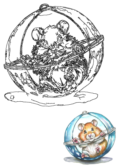 A charming drawing of a fluffy hamster cheerfully riding inside a clear glass ball, capturing its playful and adorable nature.