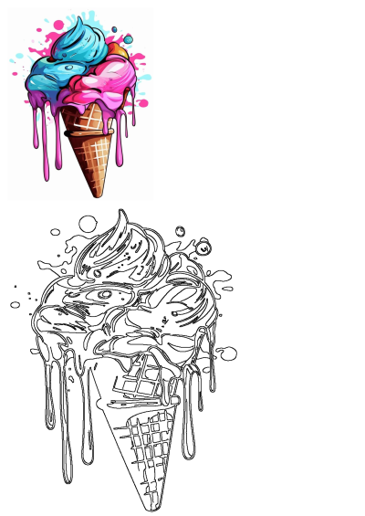 An ice cream cone with three scoops, adorned with playful blue and pink icing that drips enticingly down the cone. Colorful and fun.