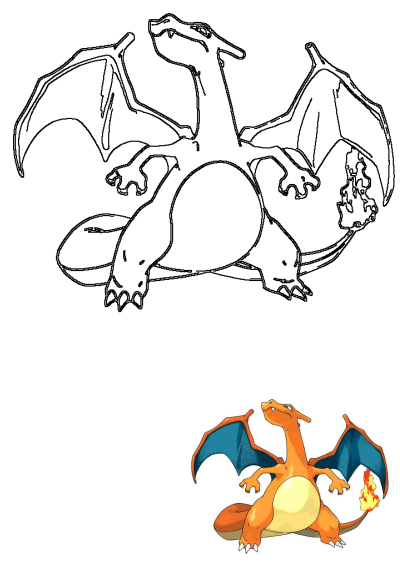 Charizard, an orange and blue dragon Pokemon, sitting on a white surface with flames coming out of its tail not wings.