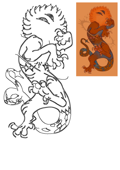 Drawing of a fantastical creature, a lizard with orange hair and a blue body. It has three eyes and is surrounded by a halo with star decorations.