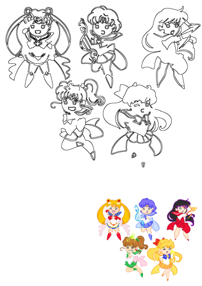 Cartoon image features four Sailor Moon characters with different costumes and hairstyles, all dressed up in various outfits. Fan art.