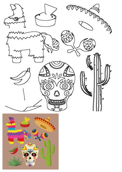 Mexico bright icon set includes national mexican objects: sombrero, skull, agave, cactus, pinata, jalapeno peppers, maracas and more.