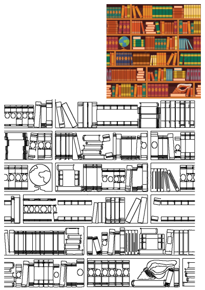 A bookshelf with many different colored books on the shelves and some miscellaneous objects in between, illustration style.