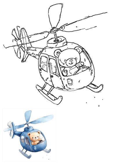 Watercolor drawing of a cute teddy bear piloting a blue helicopter. Whimsical illustration of a teddy bear adventure in the sky.