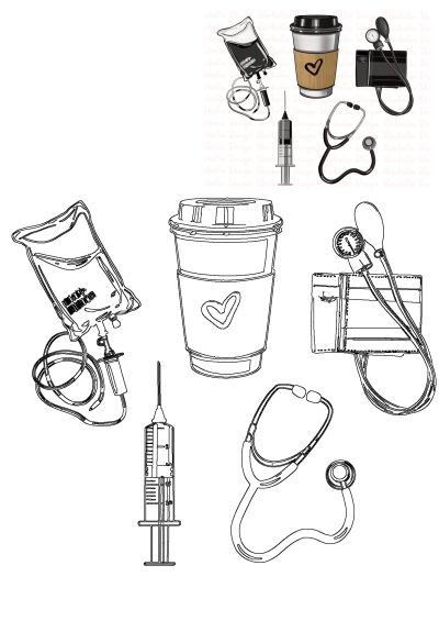 Image of medical supplies including a stethoscope, cup of coffee, blood pressure cuff, blood bag and a syringe on a white background.