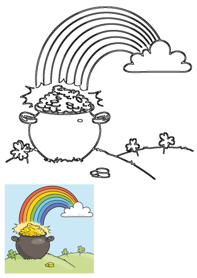 Illustration of a pot of gold coins at the end of a colorful rainbow. St. Patrick's Day themed image with luck and treasure.